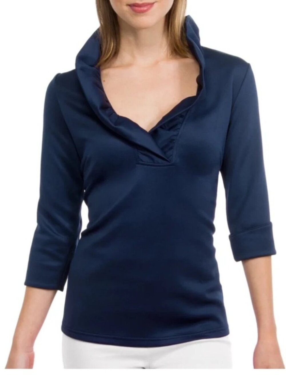 Gretchen Scott Jersey Ruffleneck Top Navy 3/4 Sleeve Large L